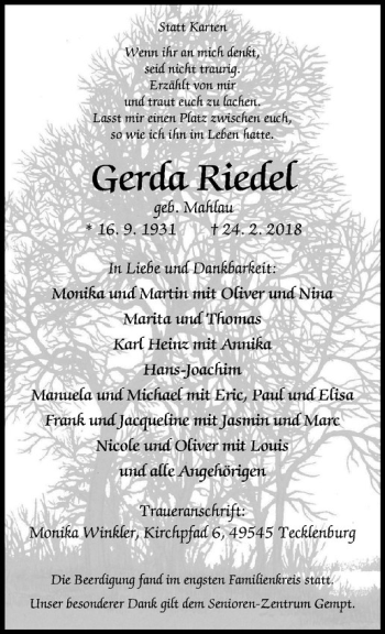 Anzeige von Gerda Riedel von Westfälische Nachrichten