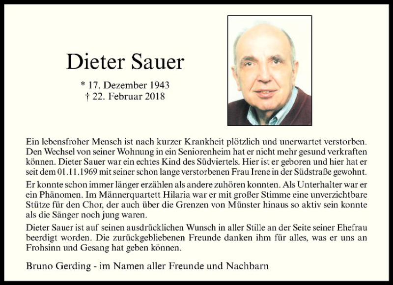  Traueranzeige für Dieter Sauer vom 30.03.2018 aus Westfälische Nachrichten
