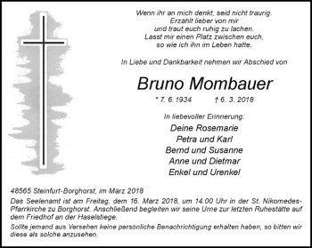 Anzeige von Bruno Mombauer von Westfälische Nachrichten