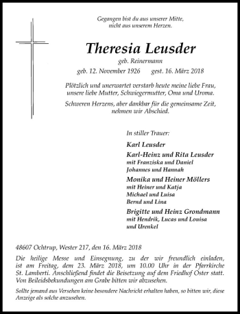 Anzeige von Theresia Leusder von Westfälische Nachrichten