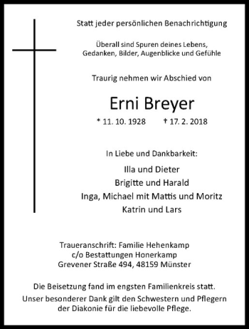 Anzeige von Erni Breyer von Westfälische Nachrichten