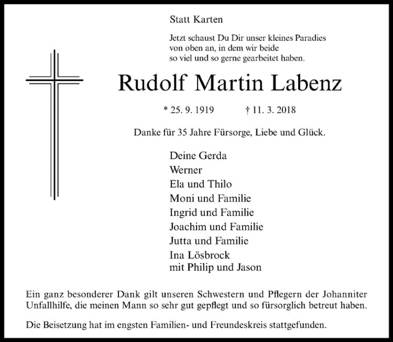  Traueranzeige für Rudolf Martin Labenz vom 20.03.2018 aus Westfälische Nachrichten