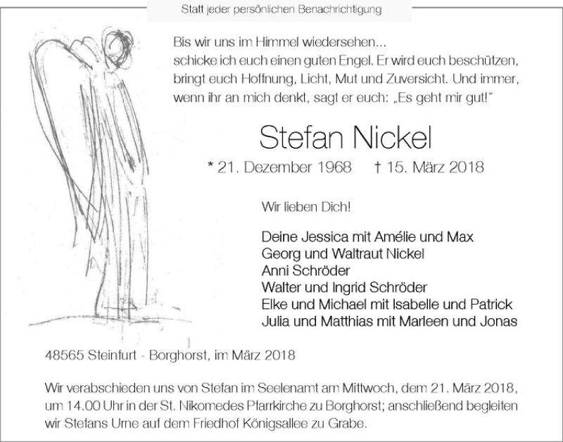  Traueranzeige für Stefan Nickel vom 19.03.2018 aus Westfälische Nachrichten
