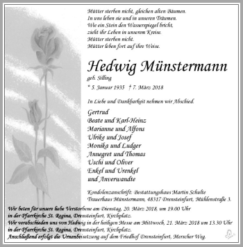 Anzeige von Hedwig Münstermann von Westfälische Nachrichten