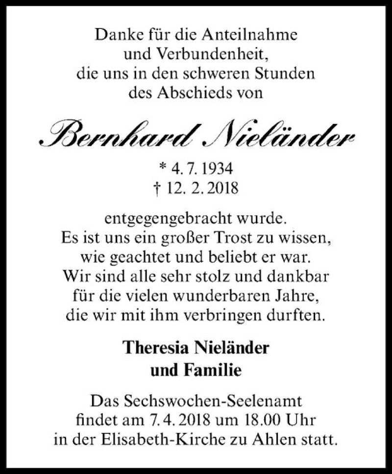 Traueranzeige für Bernhard Nieländer vom 10.03.2018 aus Westfälische Nachrichten