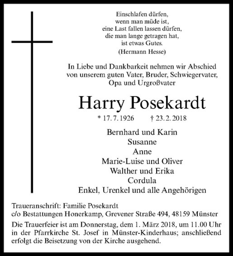  Traueranzeige für Harry Posekardt vom 28.02.2018 aus Westfälische Nachrichten