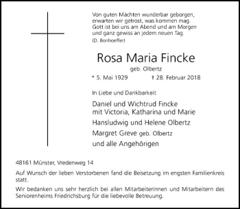 Anzeige von Rosa Maria Fincke von Westfälische Nachrichten