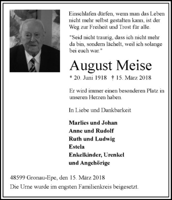 Anzeige von August Meise von Westfälische Nachrichten