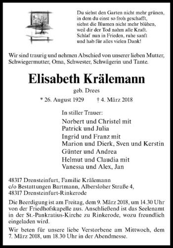 Anzeige von Elisabeth Krälemann von Westfälische Nachrichten