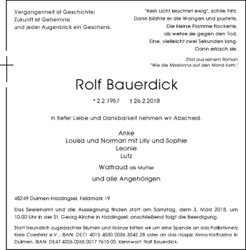 Anzeige von Rolf Bauerdick von Westfälische Nachrichten