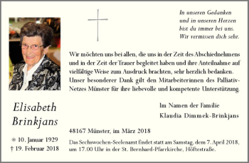 Anzeige von Elisabeth Brinkjans von Westfälische Nachrichten
