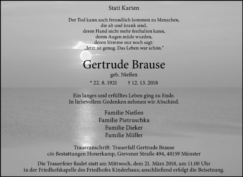  Traueranzeige für Gertrude Brause vom 17.03.2018 aus Westfälische Nachrichten