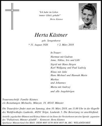 Anzeige von Herta Kästner von Westfälische Nachrichten