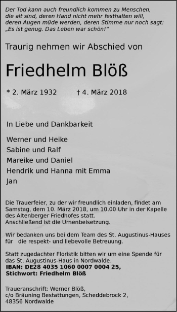 Anzeige von Friedhelm Blöß von Westfälische Nachrichten