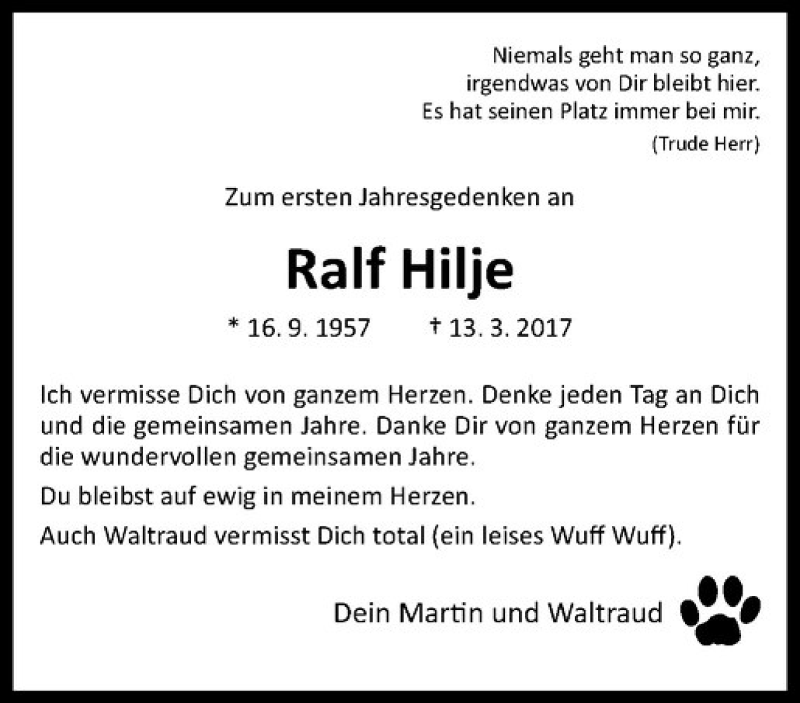  Traueranzeige für Ralf Hilje vom 13.03.2018 aus Westfälische Nachrichten