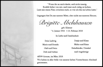 Anzeige von Brigitte Abelshausen von Westfälische Nachrichten