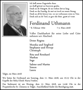 Anzeige von Ferdinand Uthmann von Westfälische Nachrichten