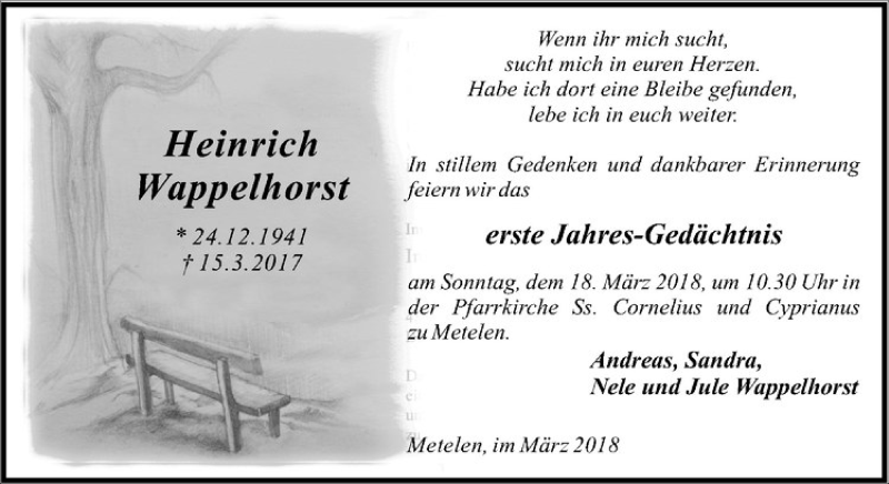  Traueranzeige für Heinrich Wappelhorst vom 15.03.2018 aus Westfälische Nachrichten