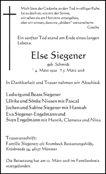 Anzeige von Else Siegener von Westfälische Nachrichten