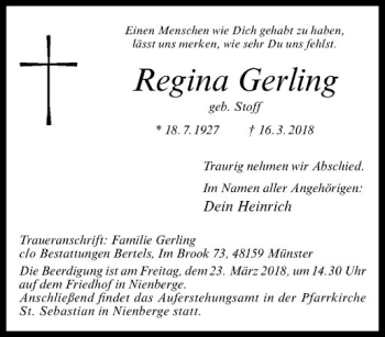 Anzeige von Regina Gerling von Westfälische Nachrichten
