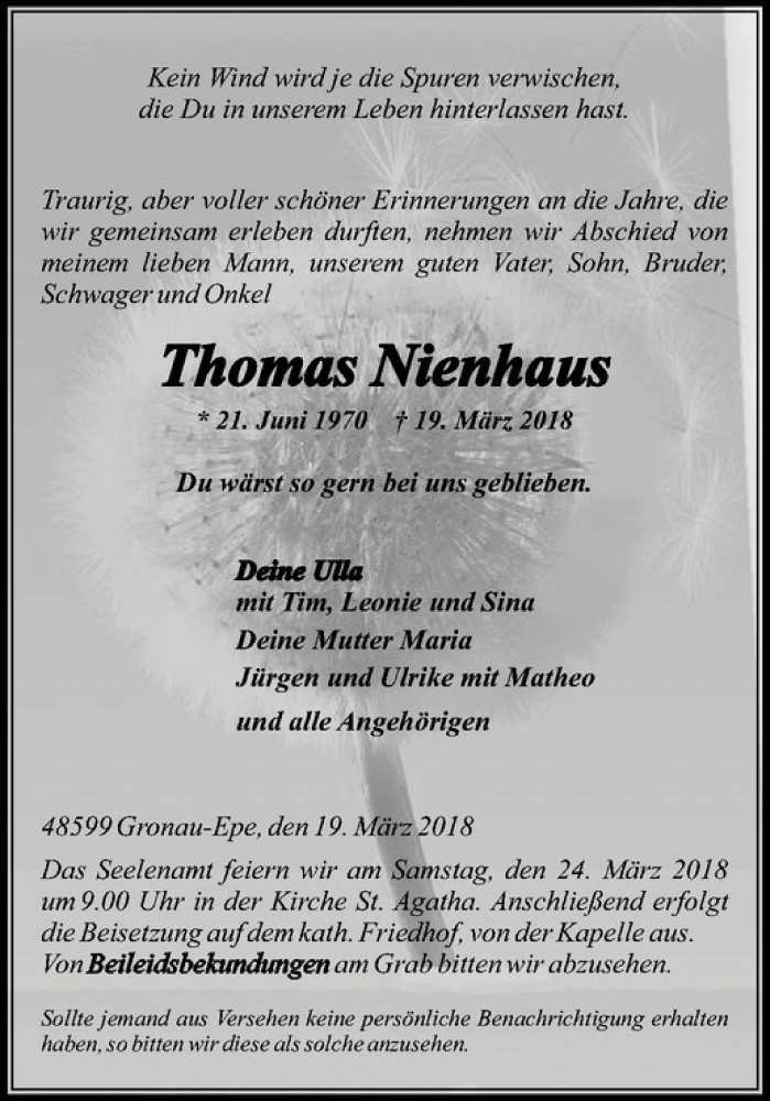  Traueranzeige für Thomas Nienhaus vom 22.03.2018 aus Westfälische Nachrichten