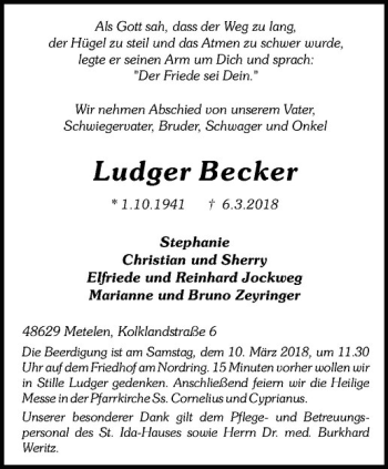 Anzeige von Ludger Becker von Westfälische Nachrichten