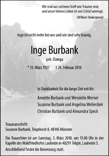 Anzeige von Inge Burbank von Westfälische Nachrichten
