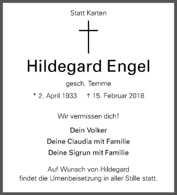 Anzeige von Hildegard Engel von Westfälische Nachrichten