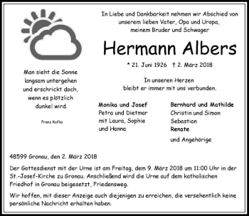 Anzeige von Hermann Albers von Westfälische Nachrichten