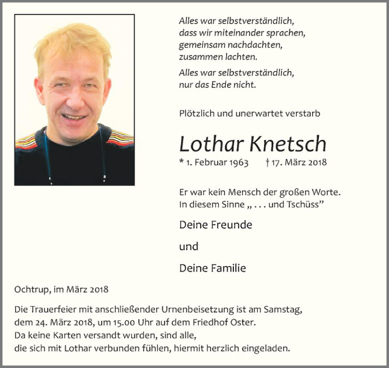  Traueranzeige für Lothar Knetsch vom 21.03.2018 aus Westfälische Nachrichten