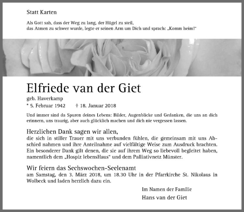  Traueranzeige für Elfriede van der Giet vom 28.02.2018 aus Westfälische Nachrichten