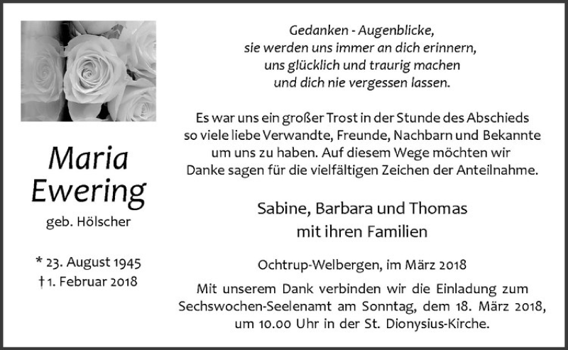  Traueranzeige für Maria Ewering vom 14.03.2018 aus Westfälische Nachrichten