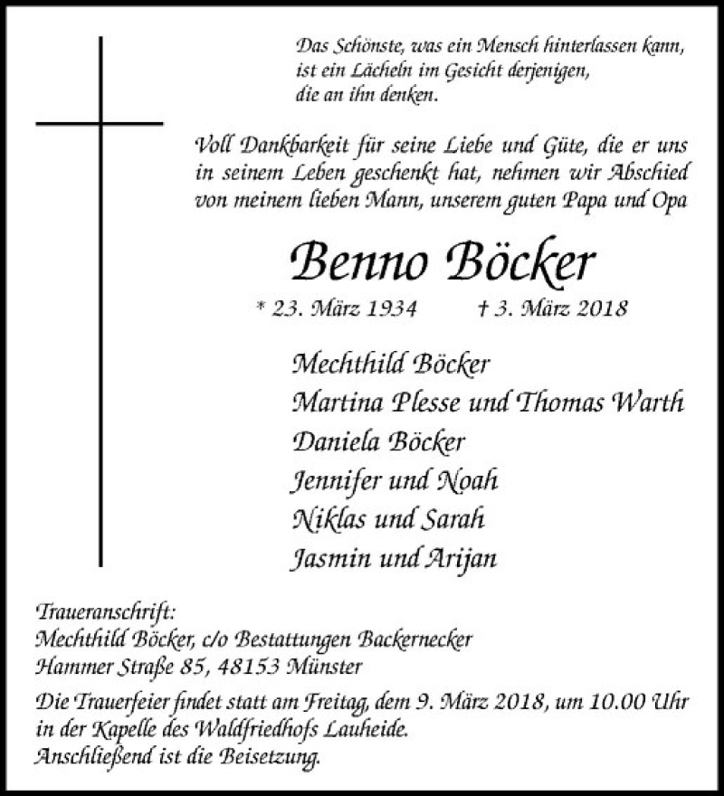  Traueranzeige für Benno Böcker vom 07.03.2018 aus Westfälische Nachrichten