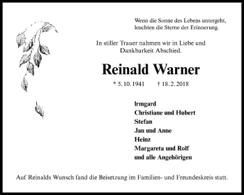 Anzeige von Reinald Warner von Westfälische Nachrichten