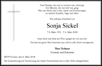 Anzeige von Sonja Sickel von Westfälische Nachrichten