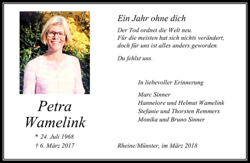  Traueranzeige für Petra Wamelink vom 06.03.2018 aus Westfälische Nachrichten