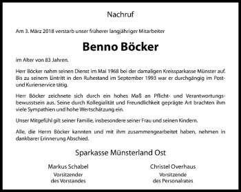 Anzeige von Benno Böcker von Westfälische Nachrichten