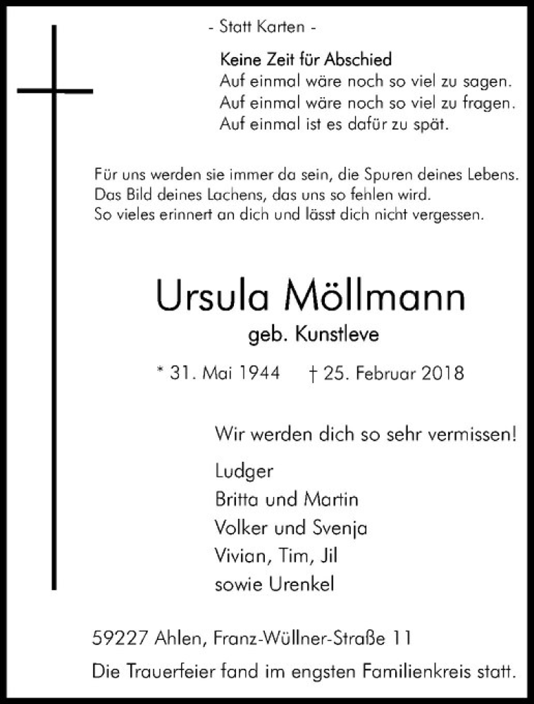  Traueranzeige für Ursula Möllmann vom 03.03.2018 aus Westfälische Nachrichten