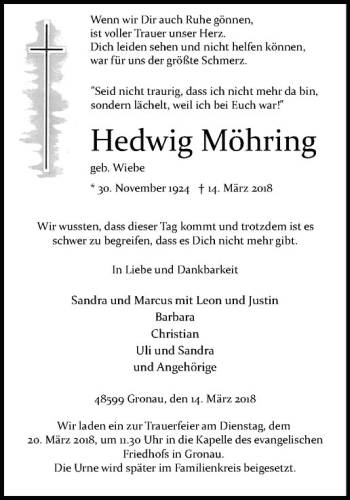 Anzeige von Hedwig Möhring von Westfälische Nachrichten