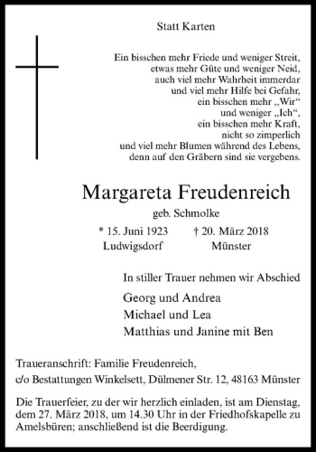 Anzeige von Margareta Freudenreich von Westfälische Nachrichten