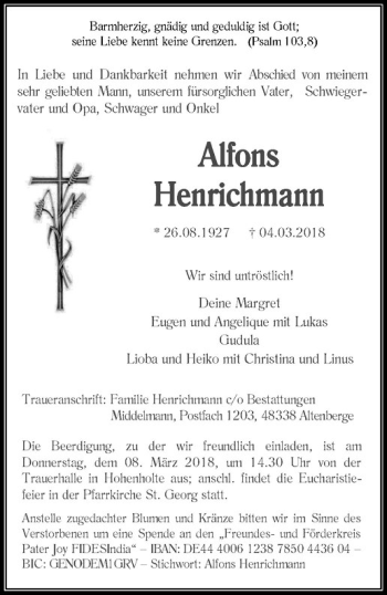 Anzeige von Alfons Henrichmann von Westfälische Nachrichten