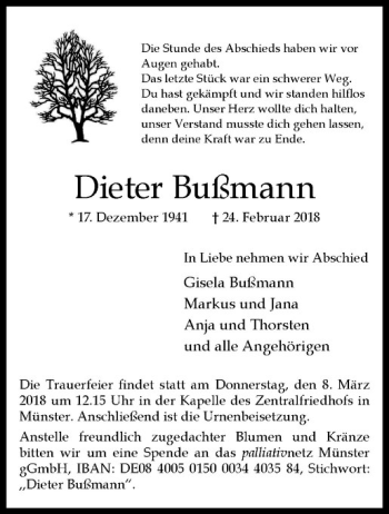 Anzeige von Dieter Bußmann von Westfälische Nachrichten