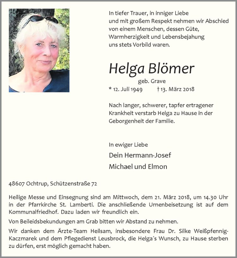  Traueranzeige für Helga Blömer vom 16.03.2018 aus Westfälische Nachrichten