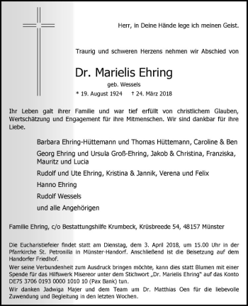 Anzeige von Marielis Ehring von Westfälische Nachrichten