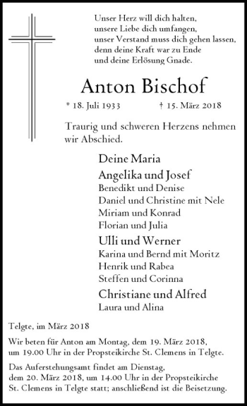 Anzeige von Anton Bischof von Westfälische Nachrichten
