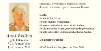 Anzeige von Anni Welling von Westfälische Nachrichten
