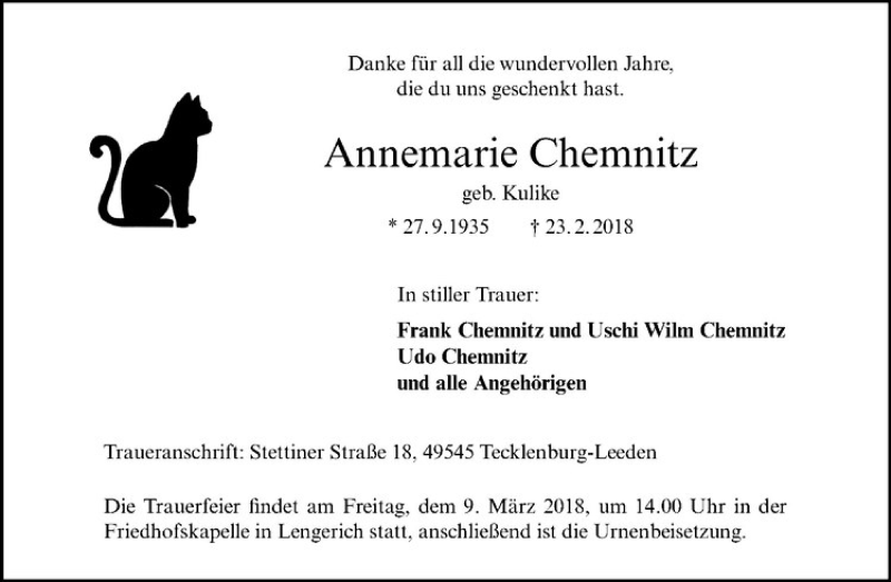  Traueranzeige für Annemarie Chemnitz vom 07.03.2018 aus Westfälische Nachrichten