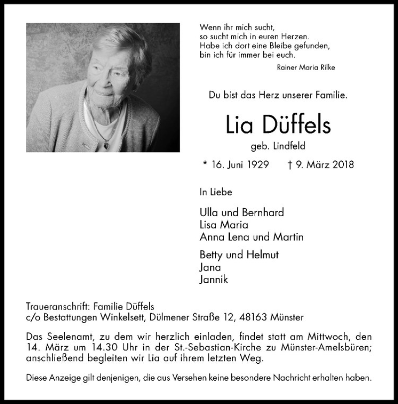  Traueranzeige für Lia Düffels vom 10.03.2018 aus Westfälische Nachrichten