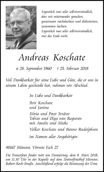 Anzeige von Andreas Koschate von Westfälische Nachrichten