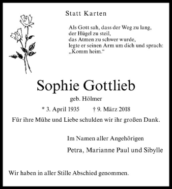 Anzeige von Sophie Gottlieb von Westfälische Nachrichten